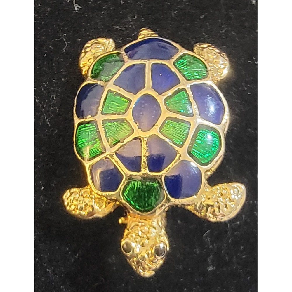 Vintage Gold Tone Blue Green Cloisonne Enamel Sea Turtle Brooch  Animal Jewelry